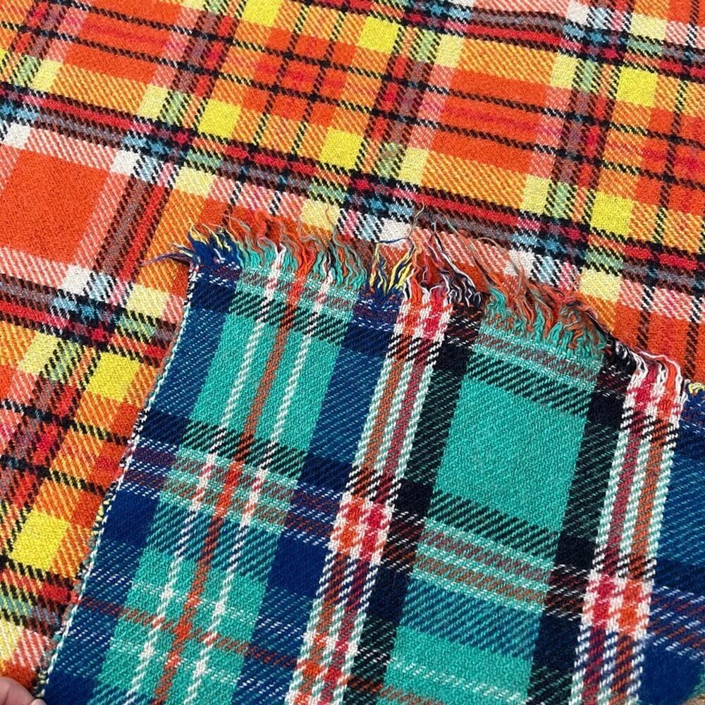 Vintage Green/Orange Tartan Reversible Wool Fringed Throw Blanket 61 x 67 in